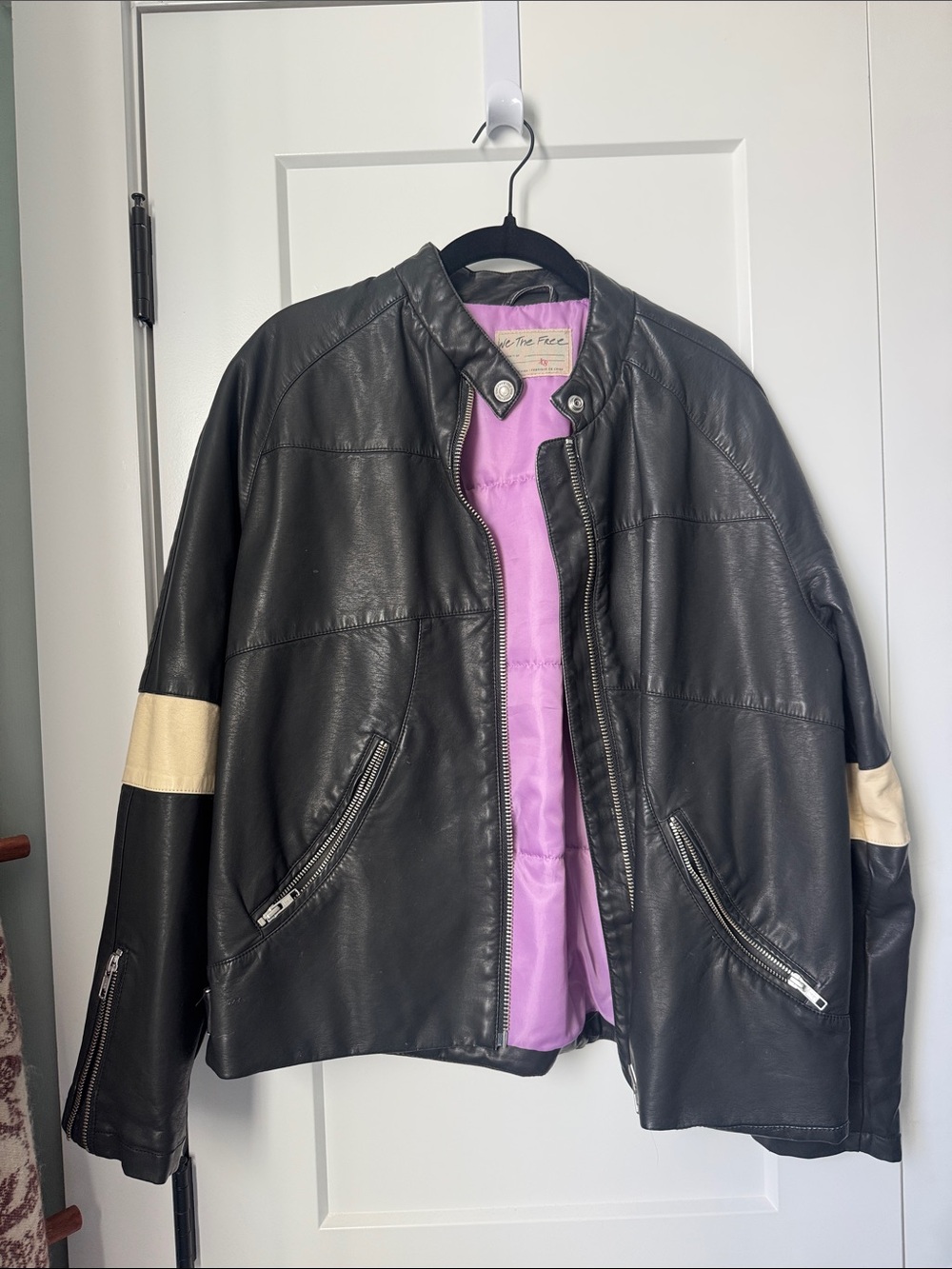Faux Leather Black Jacket with Cream Sleeve Stripe -